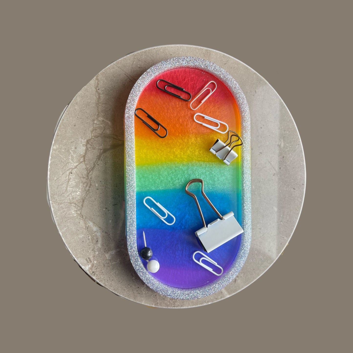 Rainbow Resin Trinket Tray/Coaster - Glitter Rim
