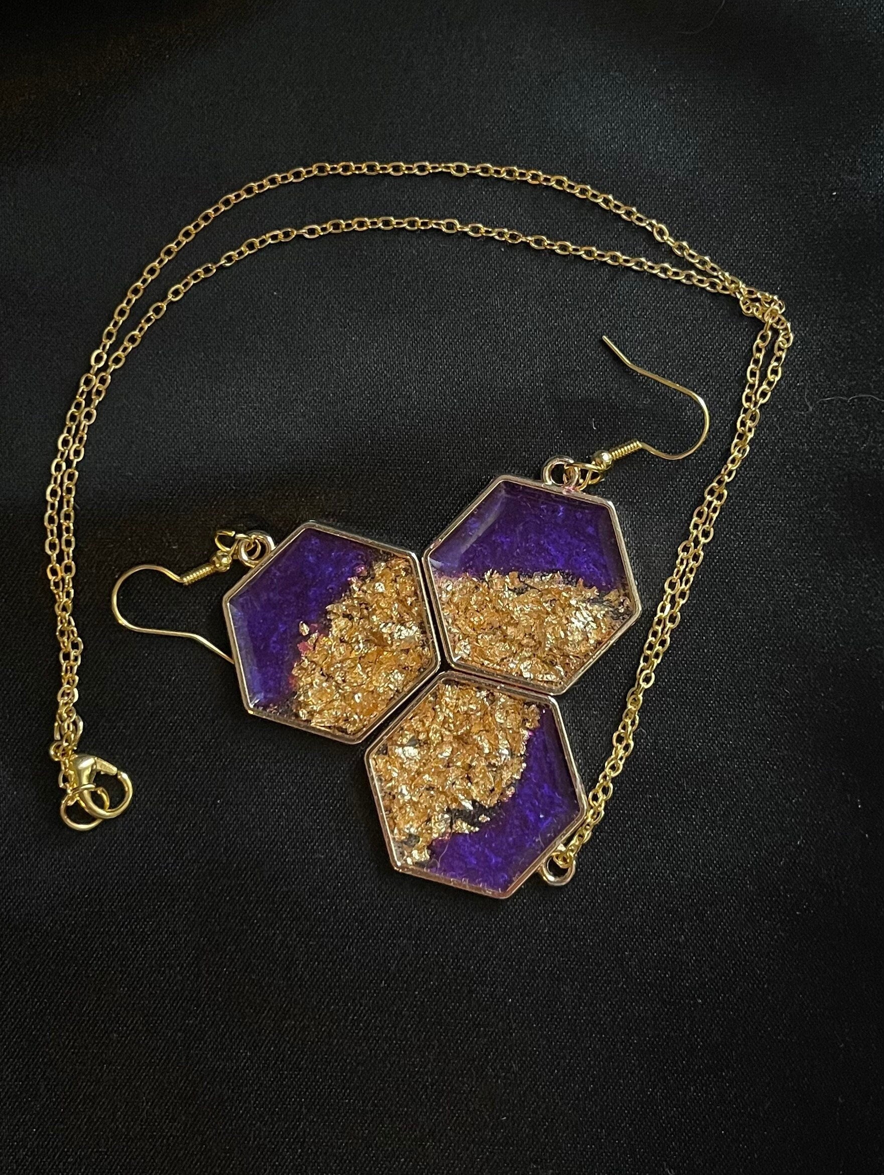 Two Tone Resin Hexagon Earrings and Necklace Set Custom Locked