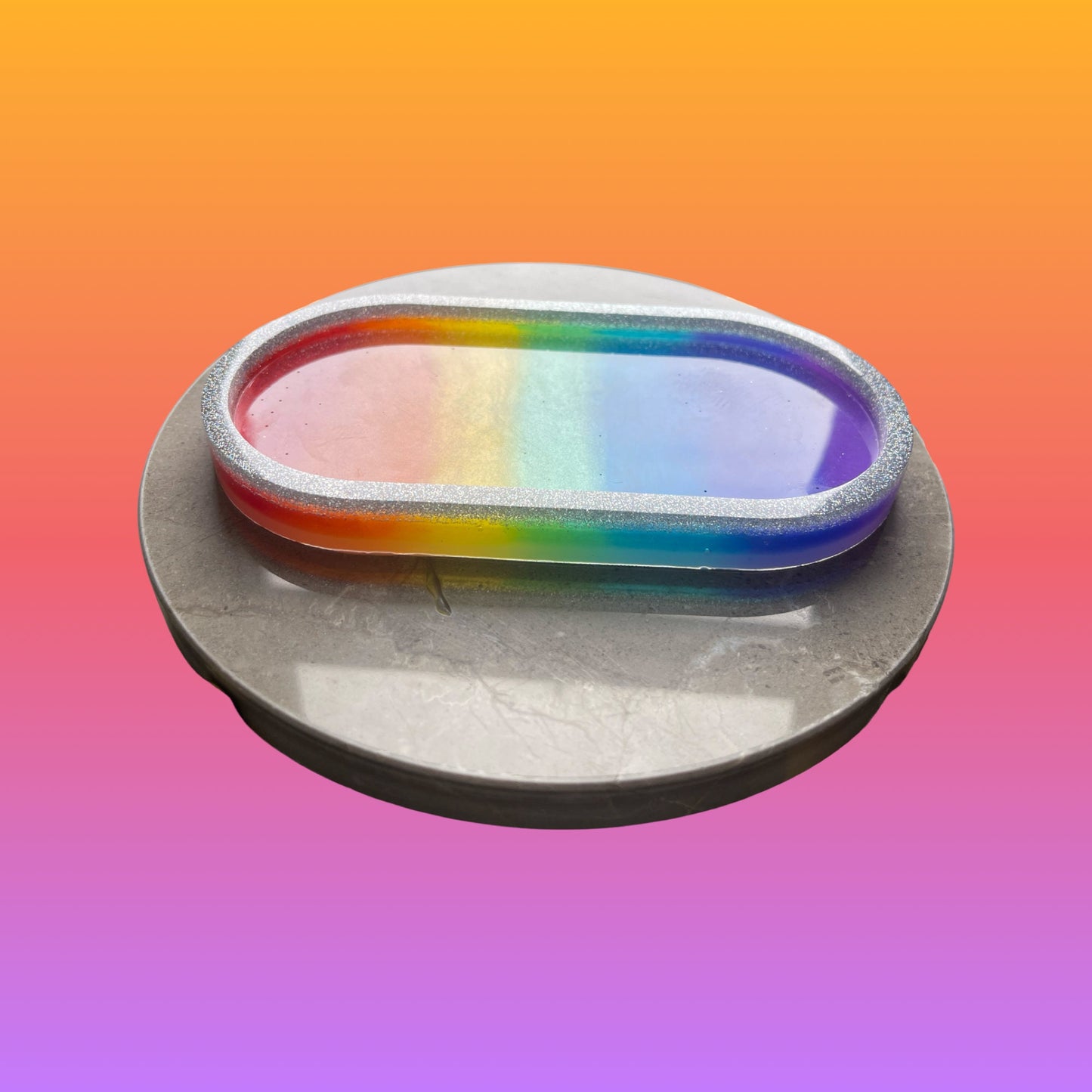 Rainbow Resin Trinket Tray/Coaster - Glitter Rim